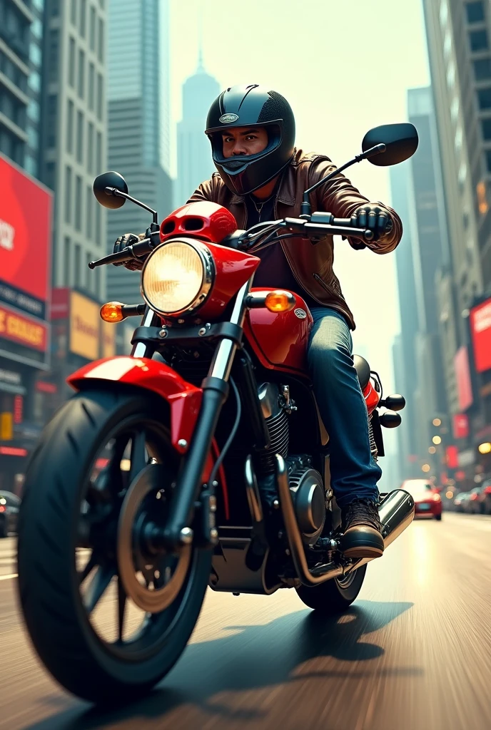 image of a biker at a low angle, riding a red Honda CG Titan 160 motorcycle. in the background buildings of a city.