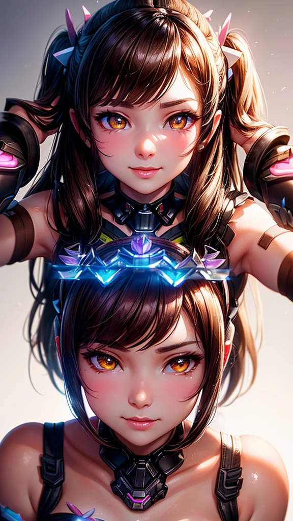 (masterpiece), (best quality), (intricate details), high resolution, visually stunning, sidelighting, deep shadow, nothing but white background, (Dva from overwatch), brown hair, heart-shaped pupils, amber eyes, innocent smile, cinematic lighting, sparkle, ray tracing, backlighting, drop shadow, pov, from above, ((super shiny face)),