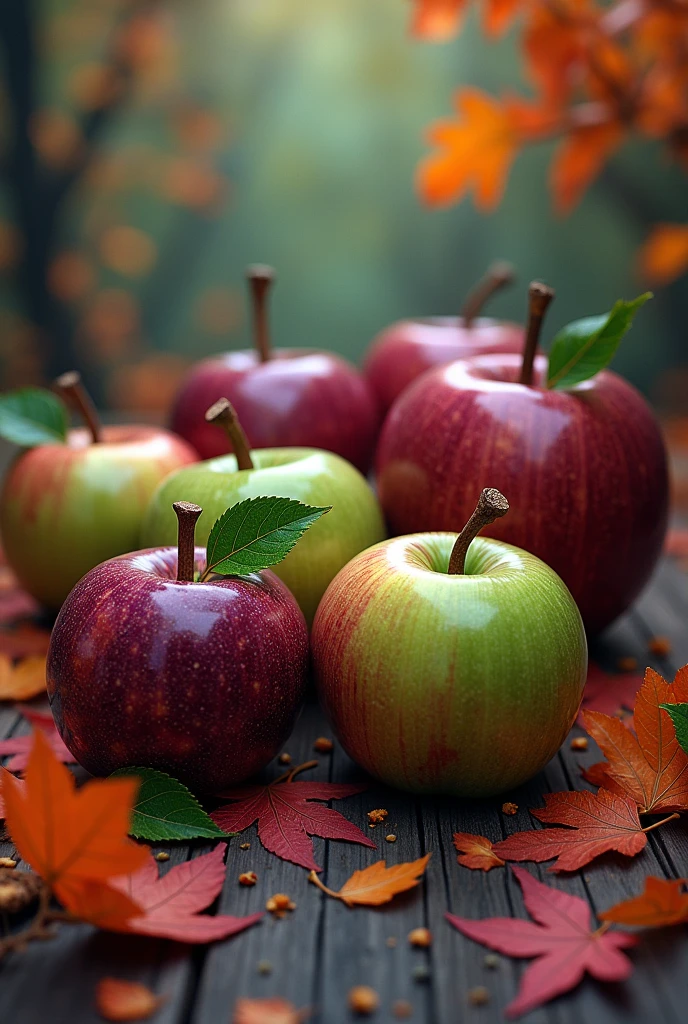 I want an ad that has apples and is Halloween themed, that everything is made in the shape of an apple, and that at the bottom in the corner it says Diego Alonso, that not everything is exactly in the shape of an apple, that the name of the image is called Haween, that it is in the middle, that the apples are glazed with green and purple.