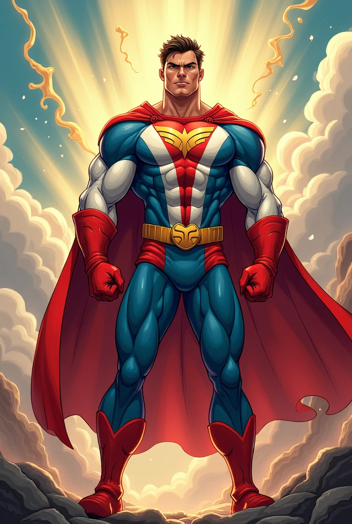 Create for me a hero with a red, white and gold uniform cartoon