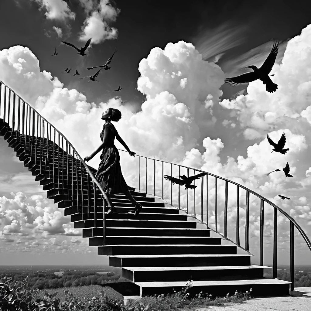 from a distance a black woman is seen walking up the stairs case twirling into the sky, clouds surrounding her giving a sense of surrealism, birds flying around her, black and white imagery greatly inspired by Germany expressionism art, 32k, ultra HD,