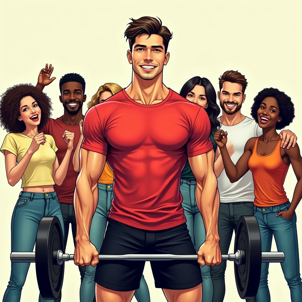 manga art style, best quality, masterpiece, handsome young man wearing red tshirt and black shorts, lifting a barbell, five friends of different races enthusiastically supportive from behind, perfect fingers, perfect hands, perfect face, perfection, no background