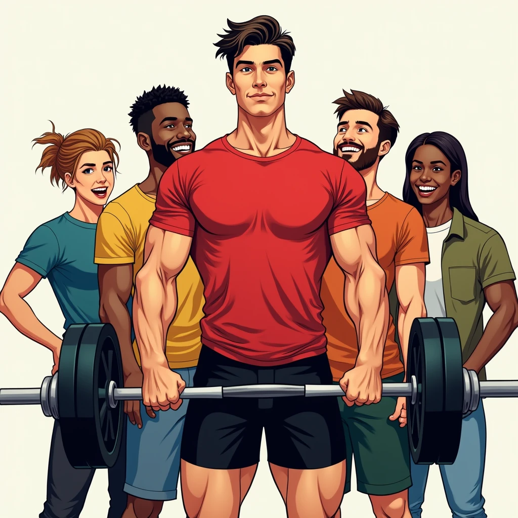 manga art style, best quality, masterpiece, handsome young man wearing red tshirt and black shorts, lifting a barbell, five friends of different races enthusiastically supportive from behind, perfect fingers, perfect hands, perfect face, perfection, no background
