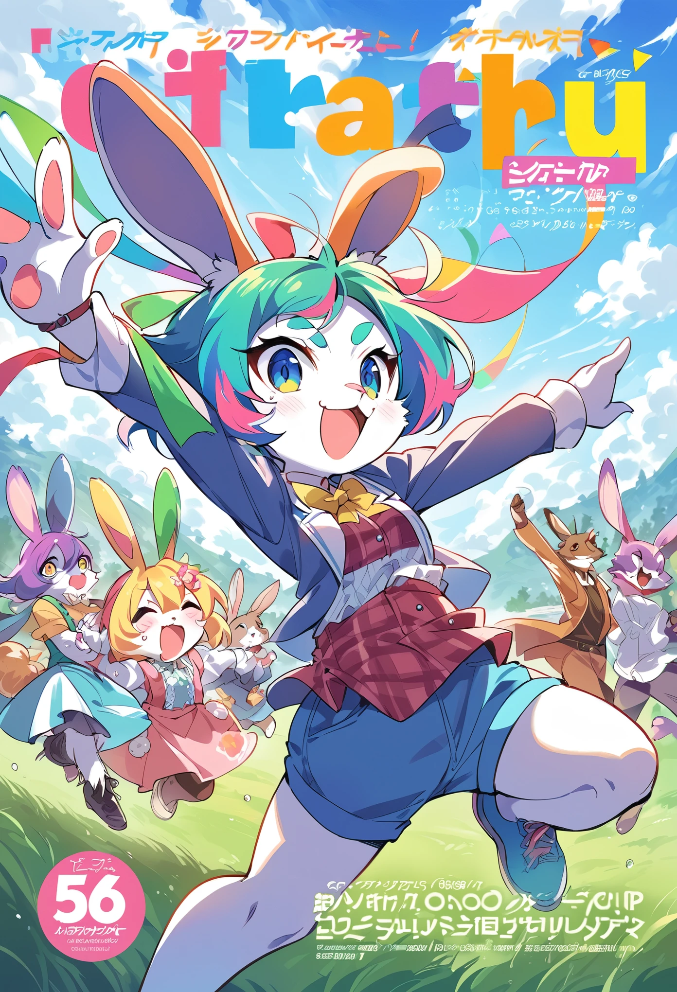 rating_safe, score_9, score_8_up, score_7_up, score_6_up, score_5_up, score_4_up, hires, source_furry,  spring outfit, colorful hair, outdoor, magazine cover, dancing, furry girl(rabbit Facial Features, rabbit Body Features)jumping, flowing colorful ribbon, Flying sweat, serious expression, joyful smile,