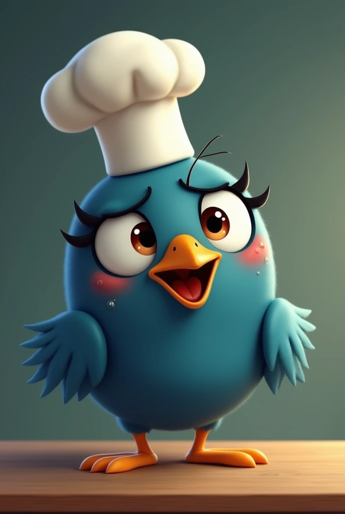 Ball bird, no arms, no legs, toons style, bird, dark blue, long eyelines, brown eyes, black thick eyebrows, lashes, aroused smile, tall chef hat on her head, eyebrow piercing, blush, looks up, sweaty, smile, excited, horny, gets fucked
