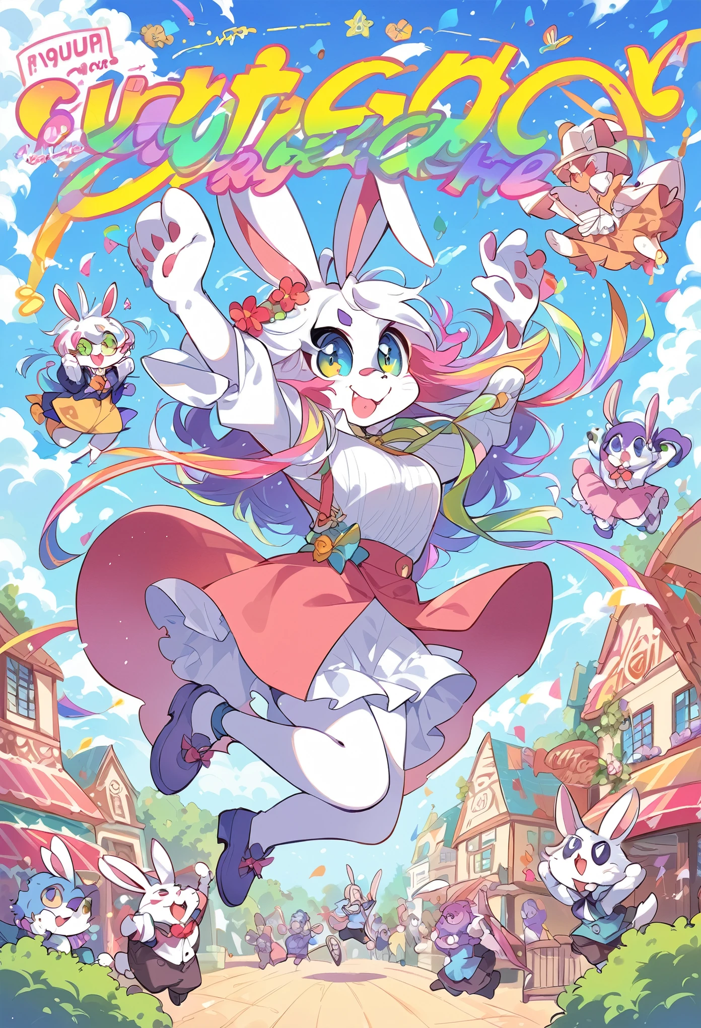 rating_safe, score_9, score_8_up, score_7_up, score_6_up, score_5_up, score_4_up, hires, source_furry,  spring outfit, colorful hair, outdoor, magazine cover, dancing, furry girl(rabbit Facial Features, rabbit Body Features)jumping, flowing colorful ribbon, Flying sweat, serious expression, joyful smile,