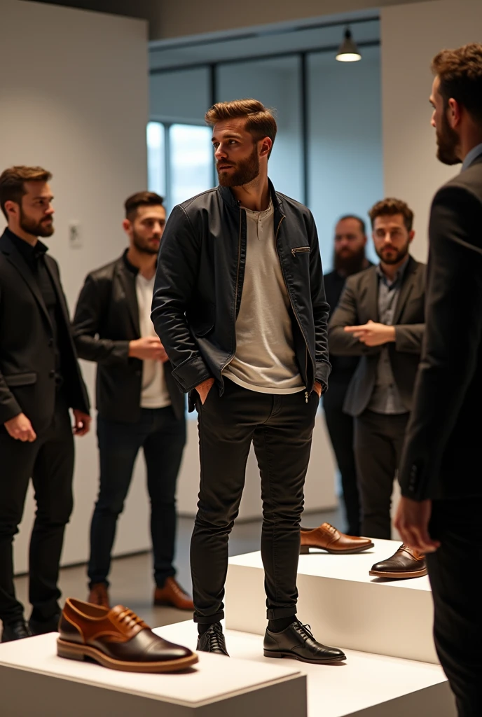 A shoe designer passionate about fashion and creation shows off his new shoes to a community of men who identify with his style.