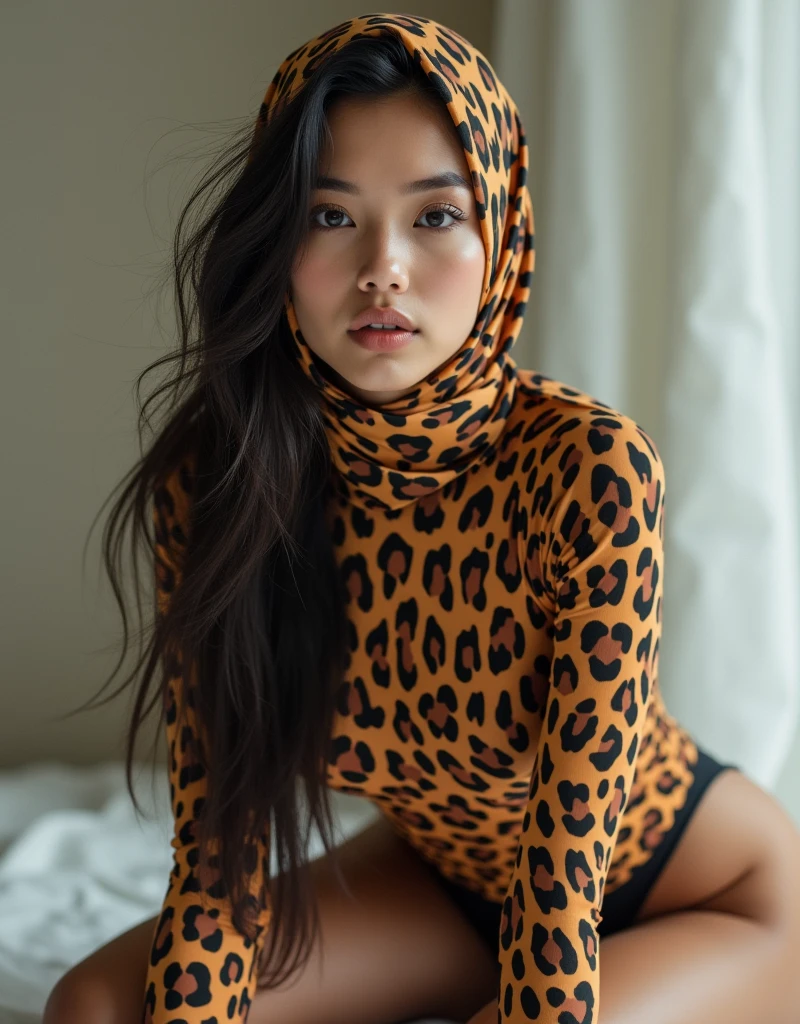 a beautiful asian muslimah woman with leopard print hijab wears leopard print unitard catsuit.She always wear leopard print hijab.She is crawling.
