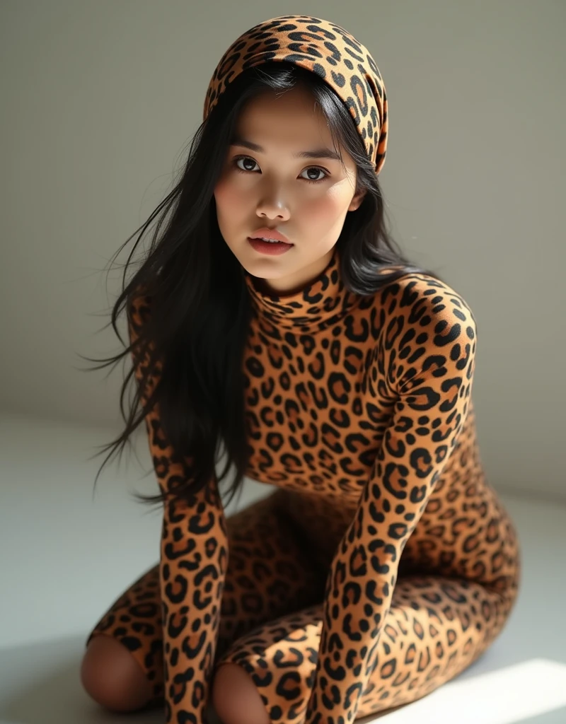 a beautiful asian muslimah woman with leopard print hijab wears leopard print unitard catsuit.She always wear leopard print hijab.She is crawling.