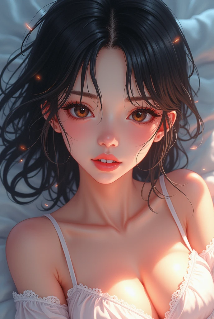 Japanese girl, glowing face, white skin, big chest, pink lips, a few teeth are visible 