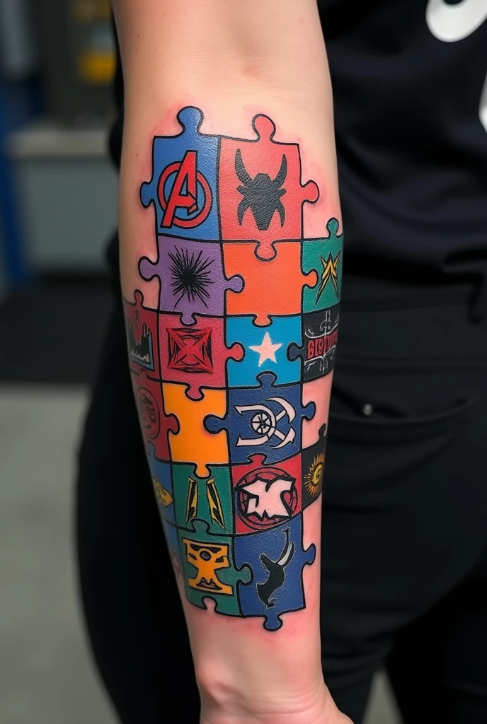 Create a cartoon image, for a forearm tattoo, measuring 10cm wide and 30cm long, with the following characteristics: a puzzle, where each piece is a symbol of a Marvel hero. Place different hero symbols.