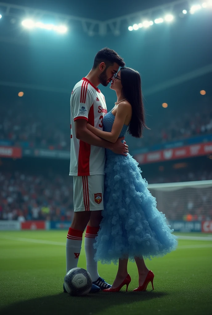 A man and woman kissing eachother in football stadium ground at night time all spot light on them woman is wearing glasses and had black hair . Woman is wearing blue dress high heels . Man is wearing white and red colour 32 number jersey. Siddharth written on jersey. Woman is cupping man s face . Man s one foot resting on a soccer ball. Man is 1 feet taller than woman. Add some audiance in stedium . . Make it real .make boy handsome . Man 2 feet taller than woman. Jersey number is 32. Add goal net in back ground . Make dress long and floral and fluffy and hair set straight. Girl is wearing glasses . Make her wear wedges high heels .make them happy and girl wear glasses