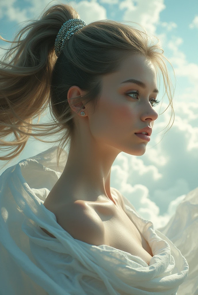 wind goddess, beautiful woman, with ponytail long hair, masterpiece, detailed