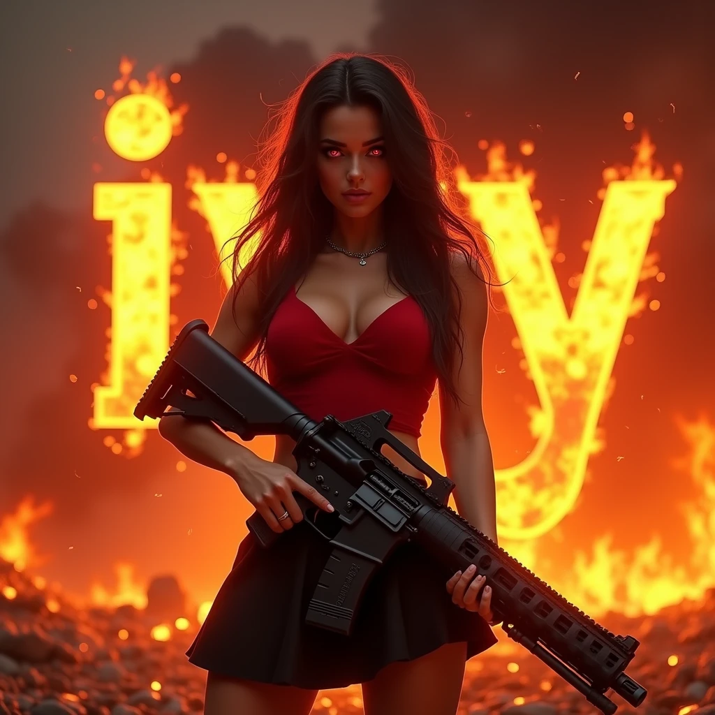 background has a BIG name reading “IVY”, red eyes, long hair, holding a big gun, 21 year old woman, red top and black skirt, highest image quality, fiery background apocalyptic, fiery eyes, big breasts, european woman, extreme bright quality