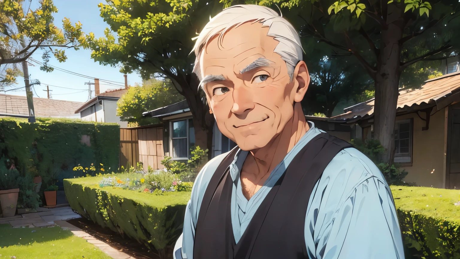 old man, garden, smile, clean-shaven, thick eye brows, standing, holding hand over tiny tree,