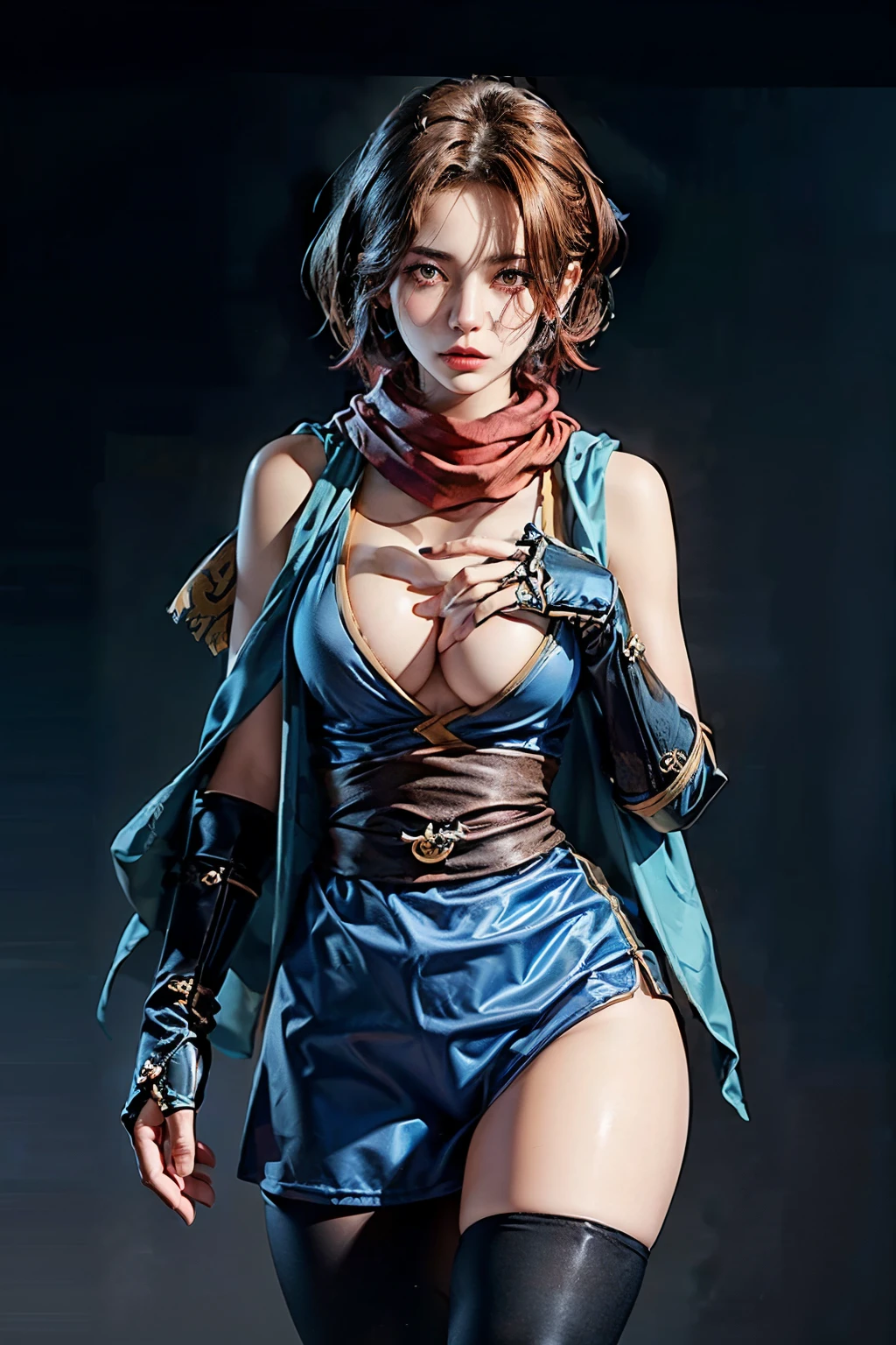 (RAW shooting, Photoreal:1.5, 8k, highest quality, masterpiece, ultra high resolution), perfect dynamic composition:1.2, Fight:1.2, Highly detailed skin and facial textures:1.2, 1girl:1, asian girl:1,Glamourous female ninja with a sharp dagger:1.3, beautiful and aesthetic:1.2, sexy beauty, perfect style, belief, Strong-willed, revenge, Fair skin, very beautiful face, (large breast, Chest gap), (wearing a sexy pupple ninja costume:1.2), (beautiful red eyes, Eyes that feel beautiful eros:1.0), (Too erotic:0.9, Bewitching:0.9), (full body photo:1.2), (perfect limbs:1.2), (perfect fingers:1.2),(glamour:1.2),(ragnarok_ninja:1.2),(Thigh tights:1.2),(red ninja scarf:1.2),(blakc hair:1.2),(short hair:1.2),(simple background:1),
