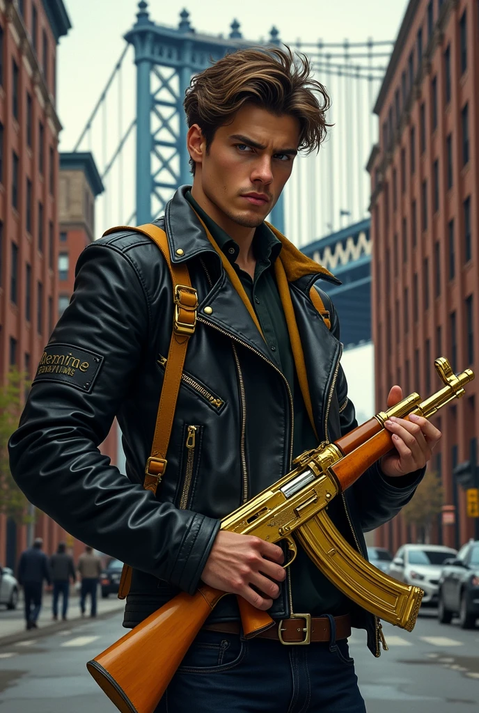A 20-year-old young man with brown hair, thin beard and a serious expression, illustrated in a detailed style. He is wearing a black leather jacket with yellow-brown accessories, such as buckles and patches. A pair of golden uzi pistols is holstered at his waist, gleaming subtly. A pair of golden pistols is holstered at his waist, gleaming subtly. The background features the iconic Manhattan Bridge in New York City, with the urban landscape visible in the distance, creating a dramatic and modern setting.