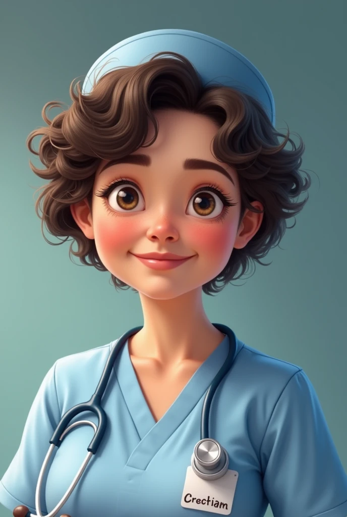 32 year old mature nurse with a short friendly face, short curly hair chubby