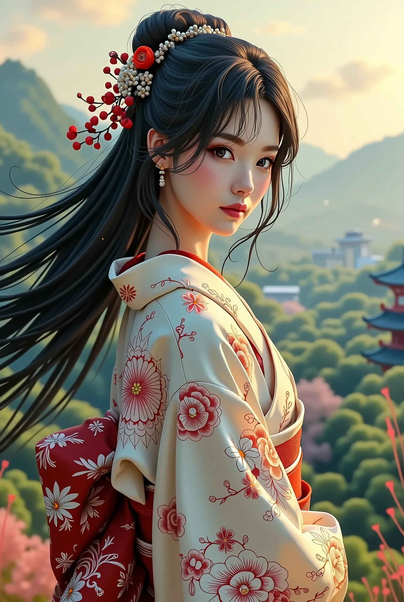 woman、Black Hair、kimono、Japanese pattern、Japanese Landscape