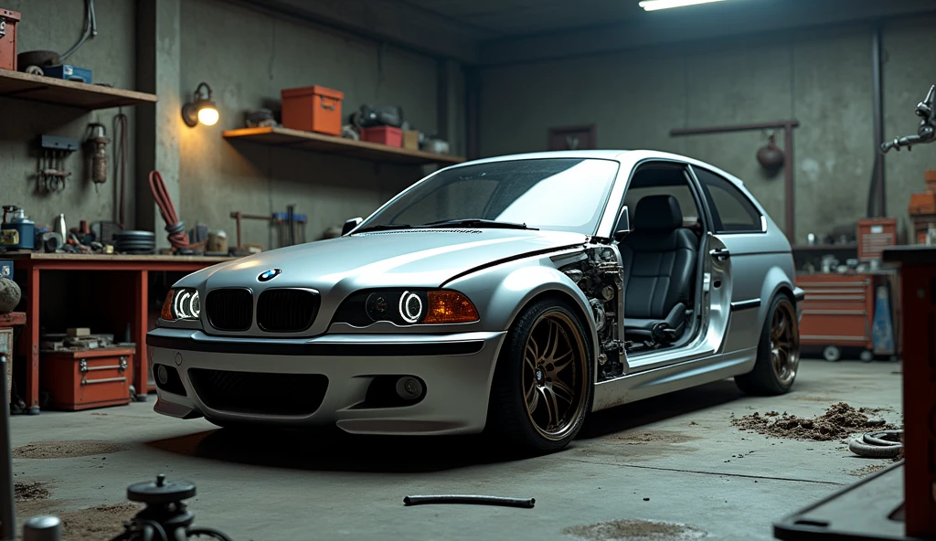 Im Stil von Pixar 3D- The animated film. A silver BMW E46 Compact is dismantled in a dark terraced garage.