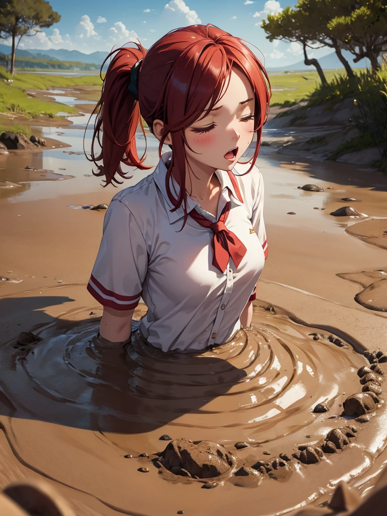 1girl, solo, masterpiece, best quality, high res, highly detailed, (illustration), eyes closed, yuigahama yui, red hair ponytail, glossy lips, light makeup, orgasm, open mouth, intimate moment, school shirt, torso, (quicksand:1.4), (from side:0), bog, swampy, arched back, (headback:0.7), dirty, muddy, soiled,