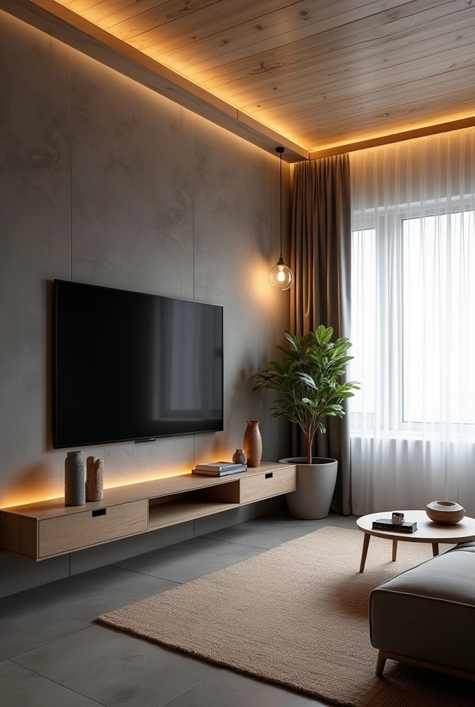 A modern and cozy living room with a gray floor and light walls. The wall where the TV is located has a dark burnt cement finish., creating an elegant contrast. The ceiling lining is made of PVC with a woody appearance, adding a touch of warmth to the environment. In the right corner of the room, there is a pendant light with two warm white light bulbs, that gently illuminates the space. The right wall is covered by a white curtain that stretches from end to end., giving a feeling of spaciousness. Below the TV, there is a vintage piece of furniture that houses some carefully selected decorative objects. To finish, a natural fabric rug covers part of the floor, on which is a coffee table made of natural wood, complementing the cozy and elegant look of the room. No LED lighting