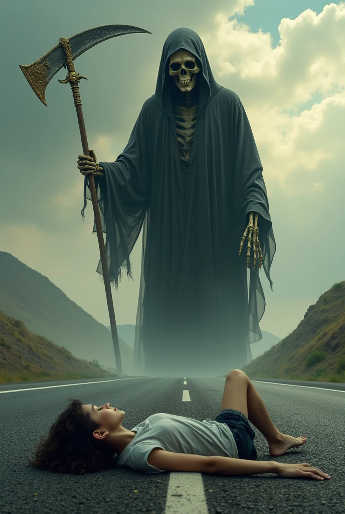 A highway, a ager lying on the asphalt and a figure identical to death, holding a golden hourglass and a scythe approaching near him and behind this figure the world is distorting