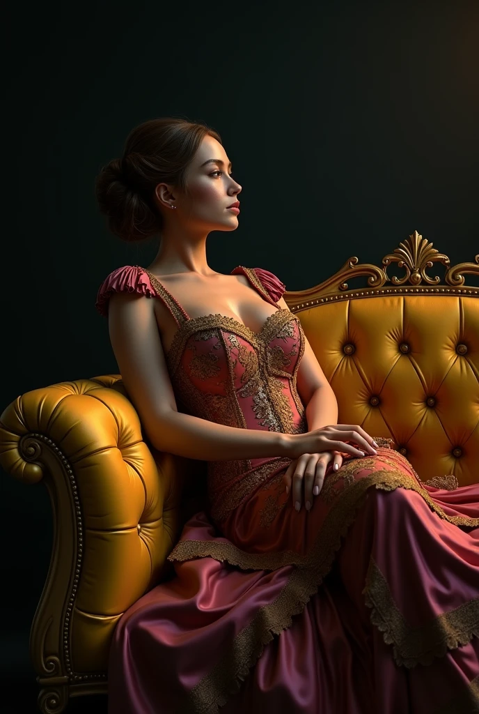 Photorealism、(black background!!!!!), Highest quality、Ultra-high resolution、The most beautifu gorgeous!!!!!!!! elegant girl from the Victorian period,Real skin can see pores,lounging in a golden sofa,wearing the iconic Victorian dress,(vivid colours dress:1.2),(intricated detail dress:1.1) (body half in shadow!!!!!!), (bright topdown!!!!!! light!!!!!), (dark shades!!!!!!), contrapposto!!!!!!!!!!!!!!!!!, (receding into the dark!!!!!!!!!!!!), (tilted!!!!!!! head!!!!!!!),
