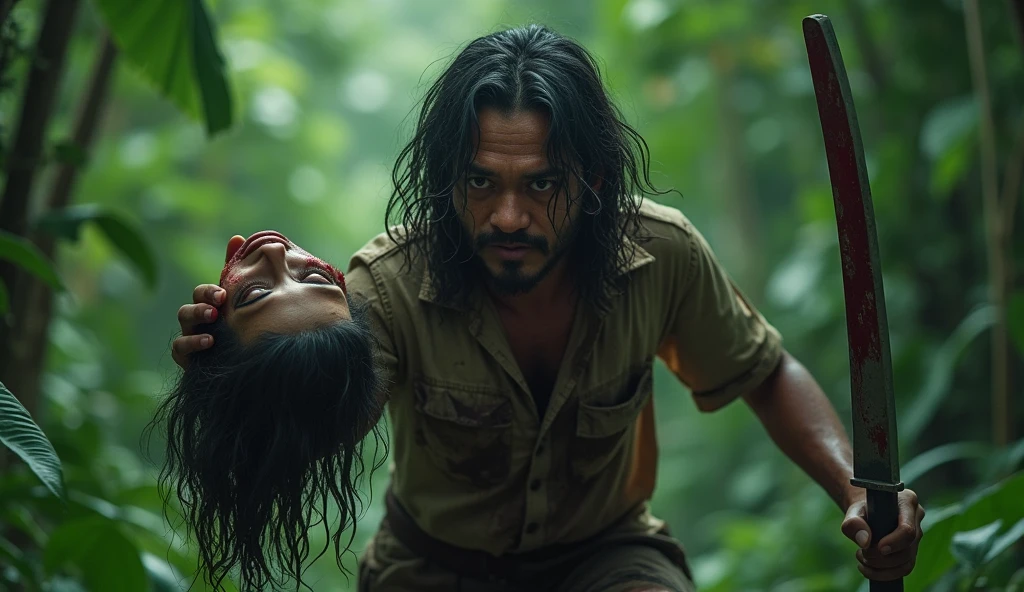 a long hair rugged, messy, dirty torn shirt Malay man, walking and holding a malay woman head in his left hand. his right hand holding a long bloody machete. fierce face, revenge vibe. background of tropical forest. cinematic shot. horror film still. asian horror movie. evil, eerie, gore film, criminal film.