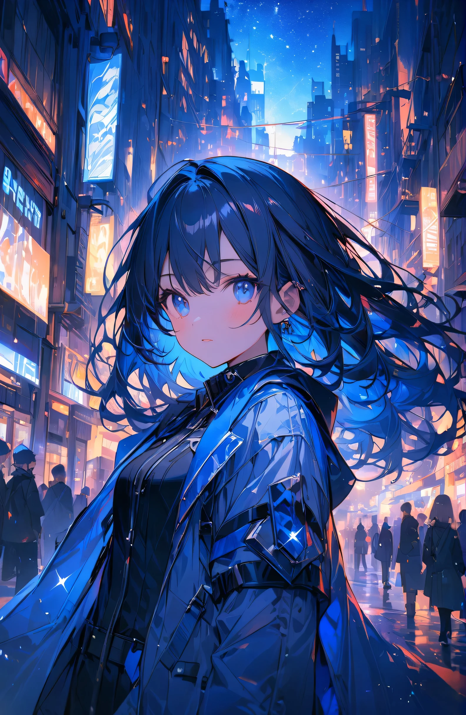 ((Amazingly absurd)),超High resolution, Attention to detail, high quality, High resolution, 最high quality, 4K, 8k、City、In town、night、sparkling、whole, Artwork in Deep Blue Tones