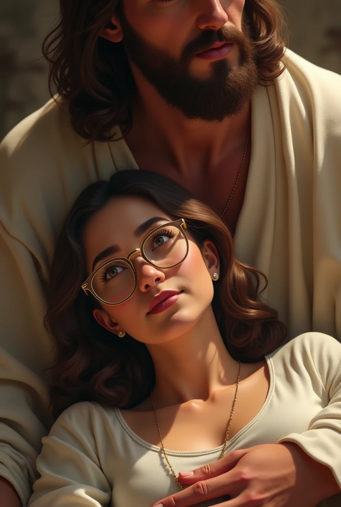 brown haired woman hair on shoulder wearing glasses full mouth brown eyes medium nose on Jesus' lap