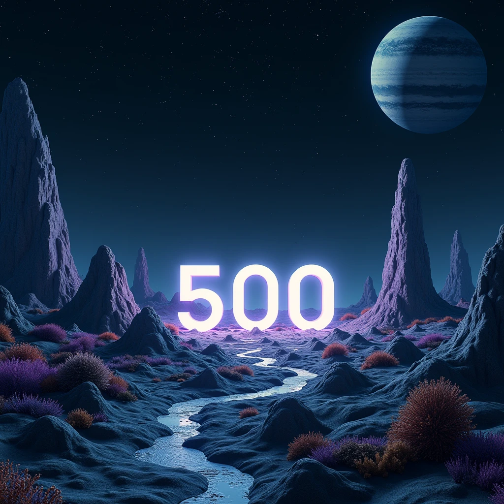A photorealistic shot of an alien landscape otherworldly made with geometrical hills and rocks scattered around with rocks and weird flora. Floating geometrical rocks levitating above ground scattered around. The word "500" made of quartz and is on the center of the scene emerging from the ground. It's night time and the sky is pitch black full of stars and planets. Realistic, hyperrealism, high resolution, extreme details, extreme quality, volumetric lighting, sharp details, 4k hdr, sci-fi
