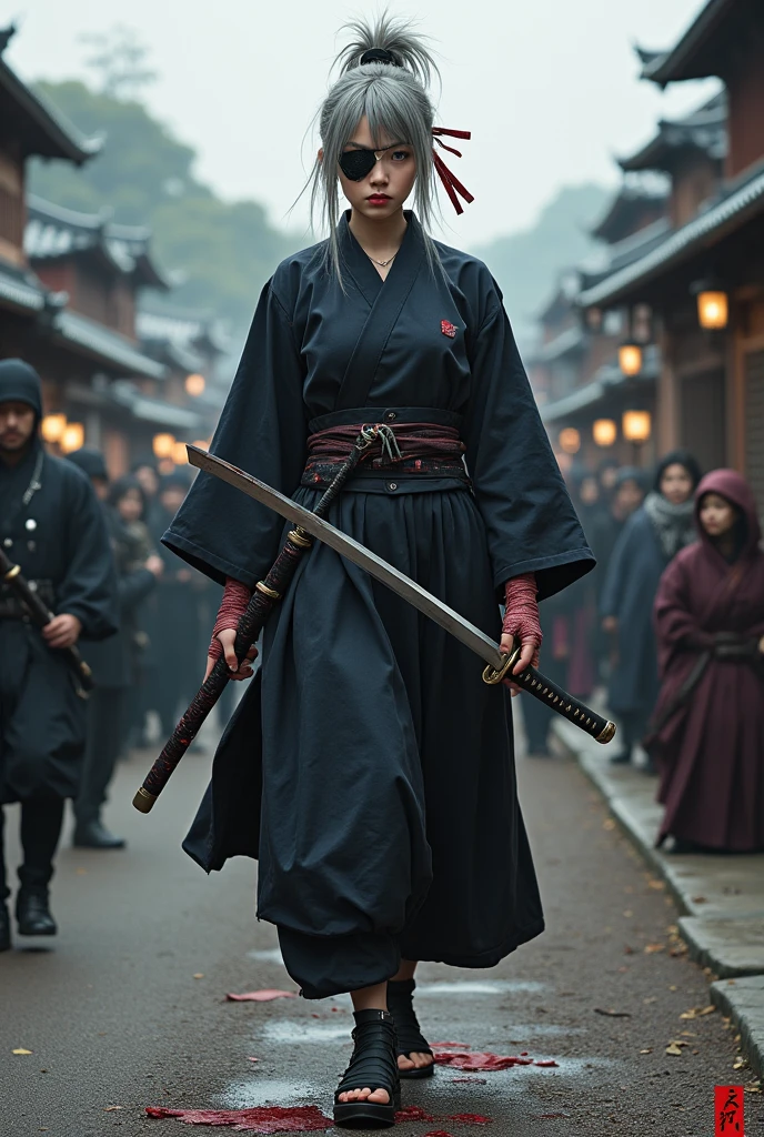 (Highest quality、High resolution、8k、mysterious、masterpiece:1.2)。Yoshitaka Amano-style depiction。The cruel and inhuman Yamada Asaemon。Edo Period。she、Edo Periodの首斬り、assassination、Is an executioner。A long Japanese sword is attached to his waist.。A uniform fashion with black belts all over the body。The gleam in his eyes is gone、I'm so sleep-deprived that I have bags under my eyes.。Eye patch。ただし誰が見てもshe剣の達人だと感じ、He has unquestionable spirit.。With gray hair、Ragged hair。Of course there is the appeal of being a woman。Overwhelming strength and charm。Bloody bandages on wrists and ankles。Samurai。With a cold-hearted look that looks down on people、A crowd of commoners々And pass by。Person kneeling on the ground々。Edo Periodの風景。Bold Pose、Seems like a bad personality。