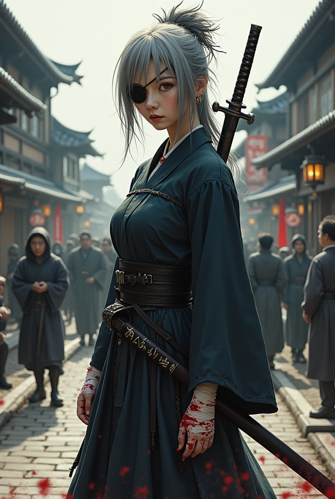 (Highest quality、High resolution、8k、mysterious、masterpiece:1.shitaka Amano-style depiction。The cruel and inhuman Yamada Asaemon。Edo Period。she、Edo Periodの首斬り、assassination、Is an executioner。A long Japanese sword is attached to his waist.。A uniform fashion with black belts all over the body。The gleam in his eyes is gone、I'm so sleep-deprived that I have bags under my eyes.。Eye patch。ただし誰が見てもshe剣の達人だと感じ、He has unquestionable spirit.。With gray hair、Ragged hair。Of course there is the appeal of being a woman。Overwhelming strength and charm。Bloody bandages on wrists and ankles。Samurai。With a cold-hearted look that looks down on people、A crowd of commoners々And pass by。Person kneeling on the ground々。Edo Periodの風景。Bold Pose、Seems like a bad personality。