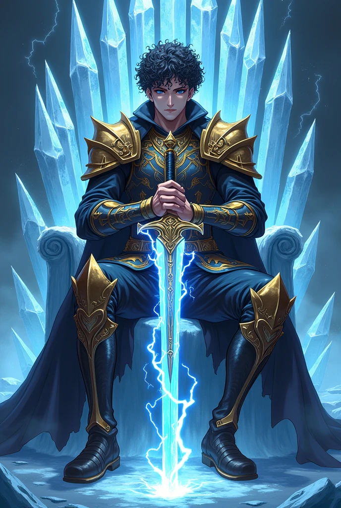 realistic Anime Guy fire demon King sitting on a Ice throne Holding Excalibur glowing in lightning and fire, curly black hair, light brown skin, with dark brown eyes. Ice Gold armor with black and Gold details. Royal aura with ice swords and spears around. Bad boy face Powerful aura Blue fire