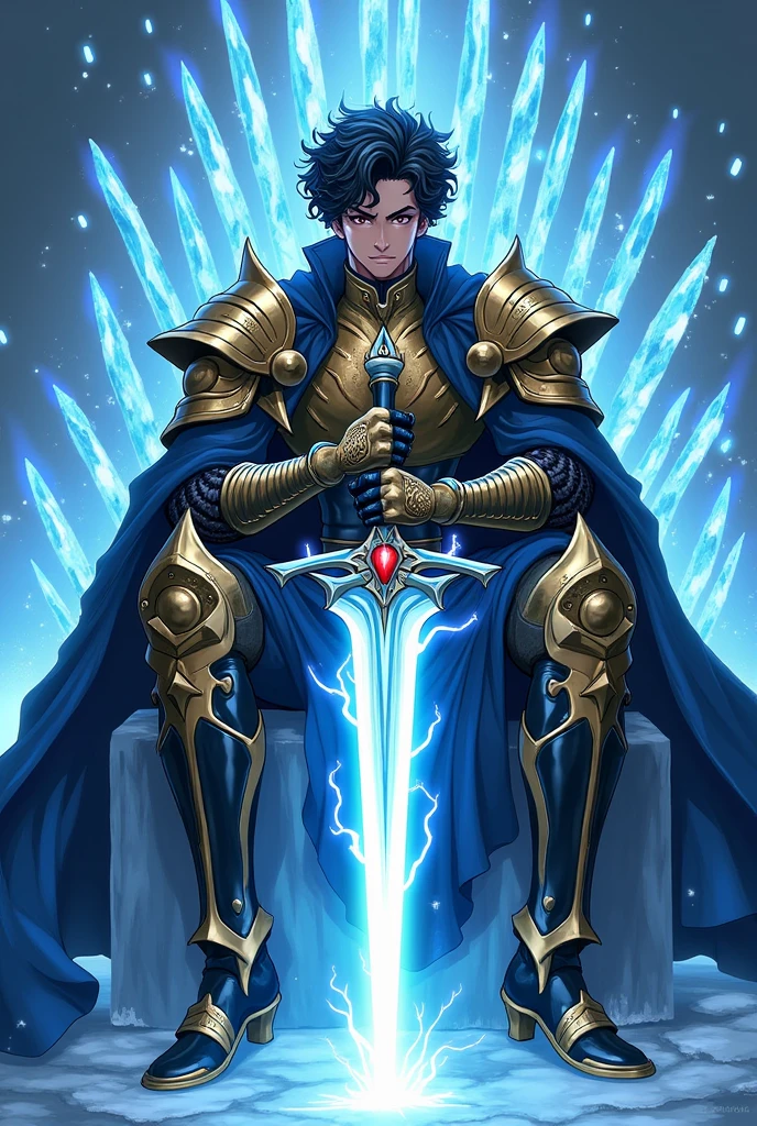 realistic Anime Guy fire demon King sitting on a Ice throne Holding Excalibur glowing in lightning and fire, curly black hair, light brown skin, with dark brown eyes. Ice Gold armor with black and Gold details. Royal aura with ice swords and spears around. Bad boy face Powerful aura Blue fire