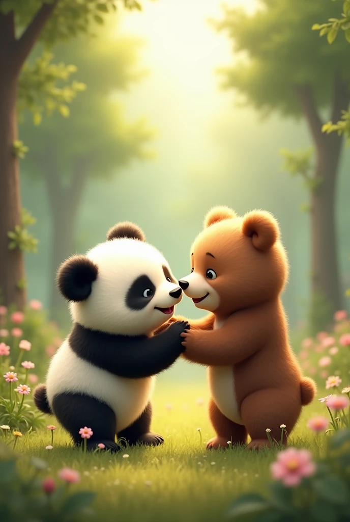 Make a picture of a panda bear and a brown bear of the same size as the little bears 