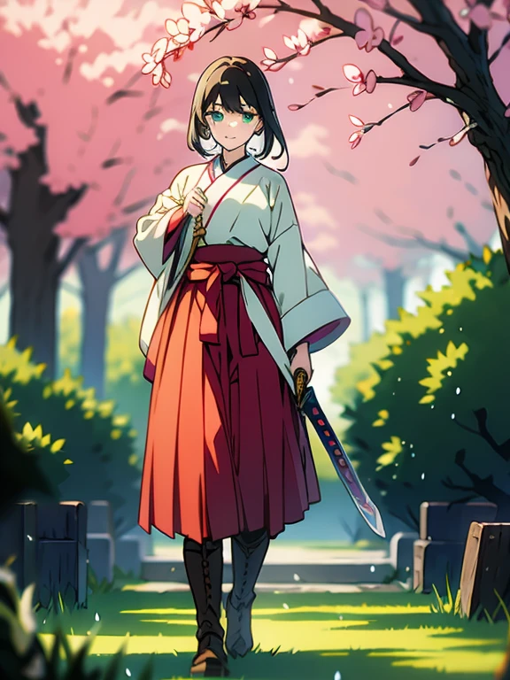 ((((masterpiece, Best Quality, Ultra-high resolution, Best illustrations)))), ((Portrait of a person standing against a white background)), (Very delicate and cute face, Sparkling Eyes), A beautiful 18-year-old shrine maiden girl named "Midori" is standing diagonally to the left alone., (((She is wearing a wooden sword at her waist.))), smile, Medium length black hair, Clean green eyes, Long red Hakama, long boots, 