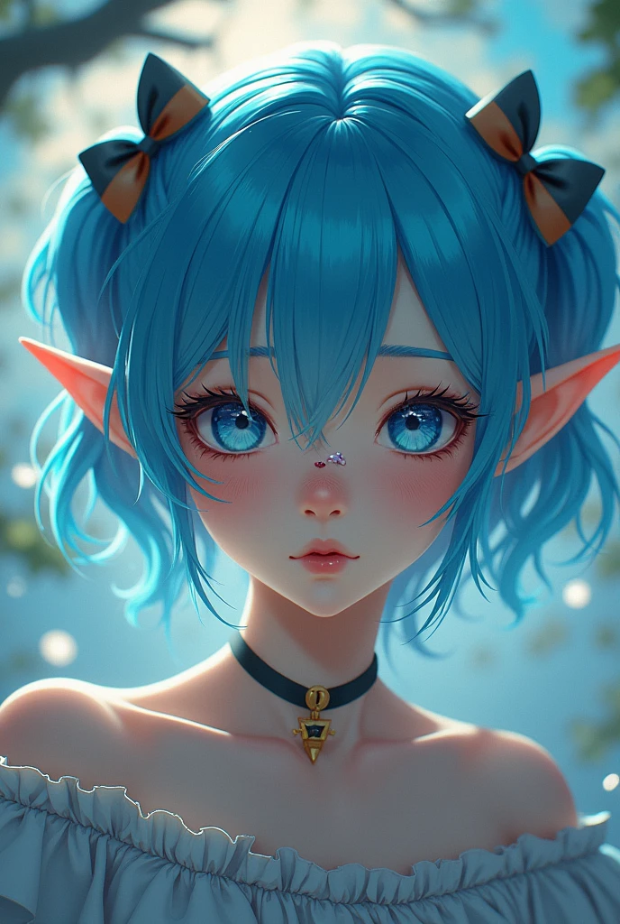 femboy, gay, blue hair, hair bow, furrowed brow, pointy ears, nosebleed, fisheye, UHD, super detail, high details, high quality, best quality