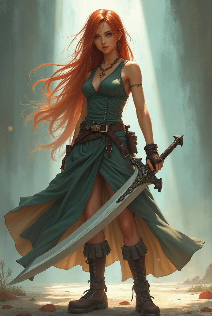 Final Fantasy game theme. Image of a tanned haired girl standing holding her favorite sword. , pastel colours, and dramatic tones. A masterpiece with the highest resolution. , Semi-realistic image type
