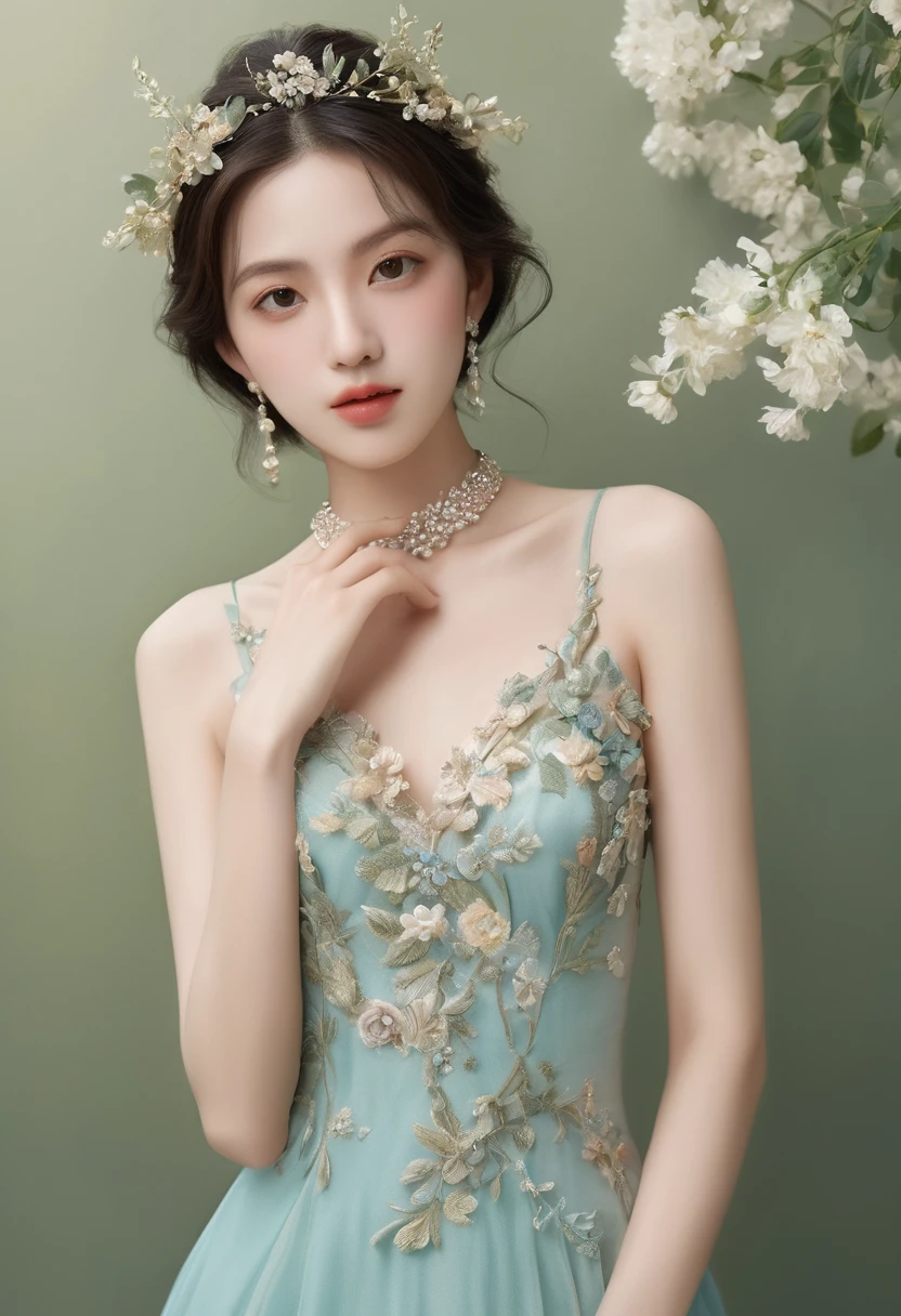 (Best quality,8K,A high resolution,Masterpiece:1.2),Ultra-detailed,(Realistic,Photorealistic,photo-realistic:1.37),Portrait,Creative style artwork,Historical,classical,Sophisticated,plethora of colors,Highly detailed,Soft lighting,luxurious environment,detailed gown,Vibrant flowers,detailed jewellery,Ethereal atmosphere,Elegant Pose,Graceful curves,Gold body proportions,Flowing hair,Breathtaking textile patterns,blue colors,green color,Delicate floral decoration,A dazzling array of crystal accessories,Mysterious and dreamy atmosphere,Impeccable attention to detail.