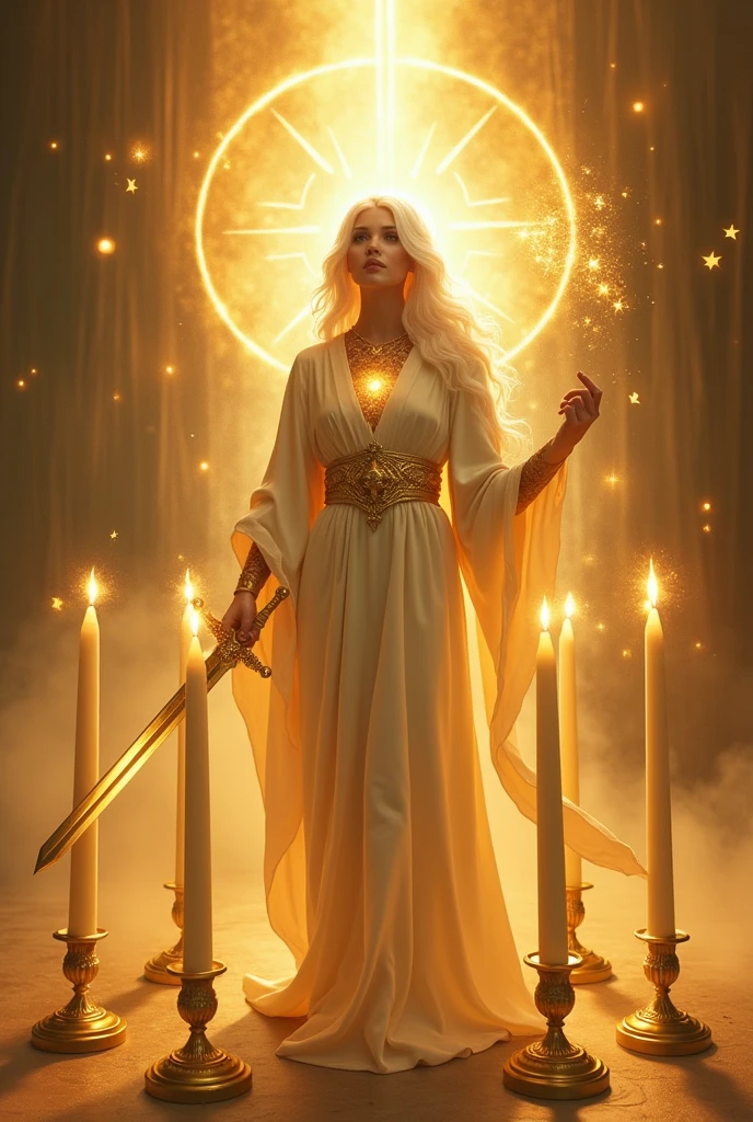 Seven golden candlesticks;
13 And in the midst of the seven candlesticks, one like the Son of Man, dressed to the feet in a long garment, yes belt, at chest height, with a golden belt.
14 His head and his hairs were white like wool., like snow, and your eyes, like a flame of fire;
15 and his feet, similar to shining brass, as if they had been refined in a furnace, and your voice, like the voice of many waters.
16 And he had in his right hand seven stars; and out of his mouth came a sharp two-edged sword; and his face was like the sun, when in its strength it shines.