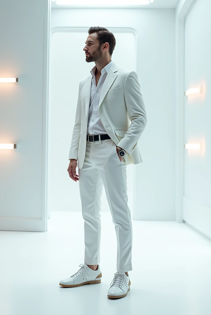 A stylish man wearing classic footwear, but futuristic, in a white studio with futuristic lights.