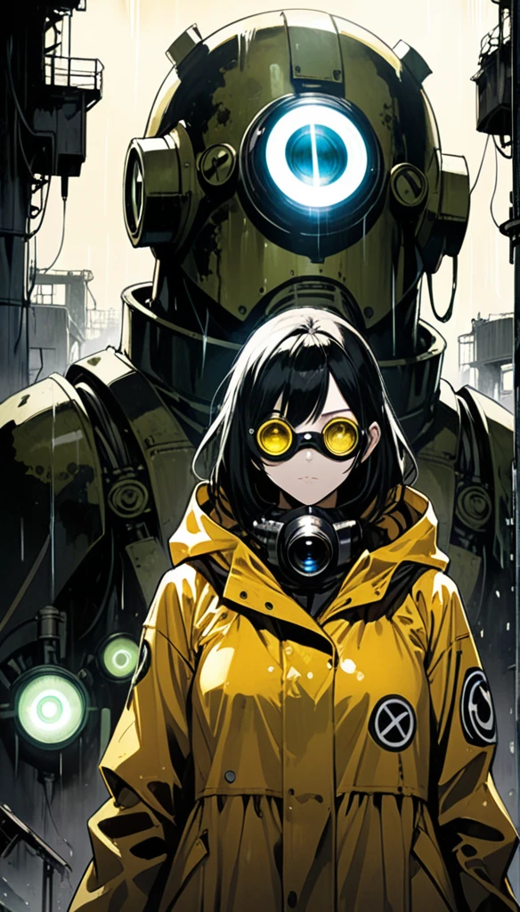 in style of Ashley Wood,1girl,raincoat，Nuclear mark，Transformation Girl，The face is a breathing mask，(The eye is a wearable cyclops lens:1.8)，The lens surface lights up，Weird Transformation Girl。。Abandoned nuclear facility background。。