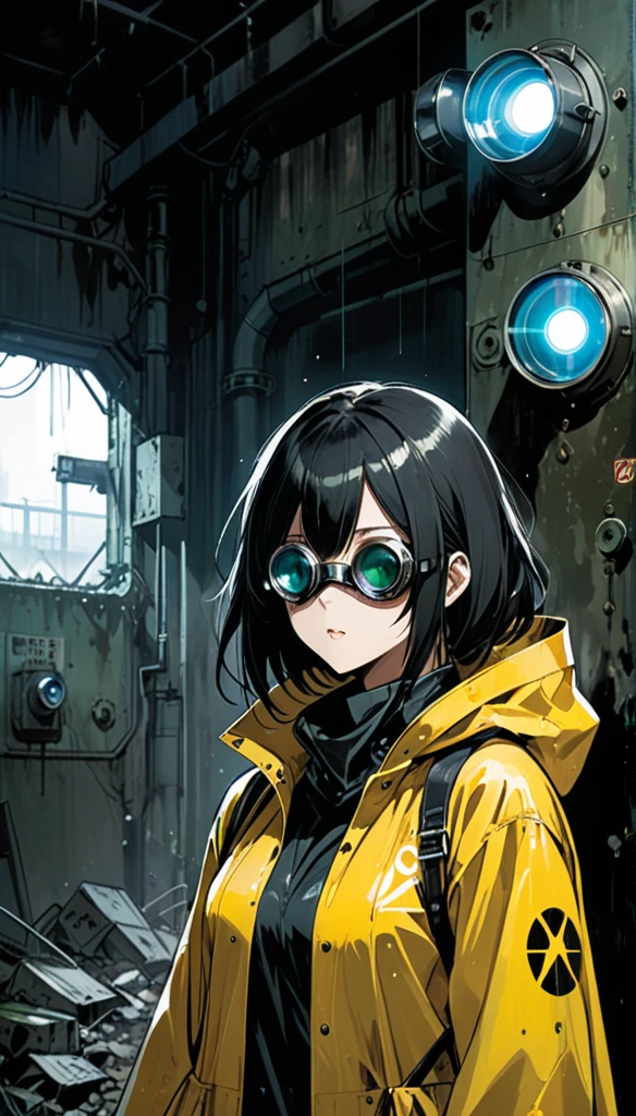 in style of Ashley Wood,1girl,raincoat,Nuclear mark,Transformation Girl,The face is a breathing mask,(The eye is a wearable cyclops lens:1.8),The lens surface lights up,Weird Transformation Girl。。Abandoned nuclear facility background。。