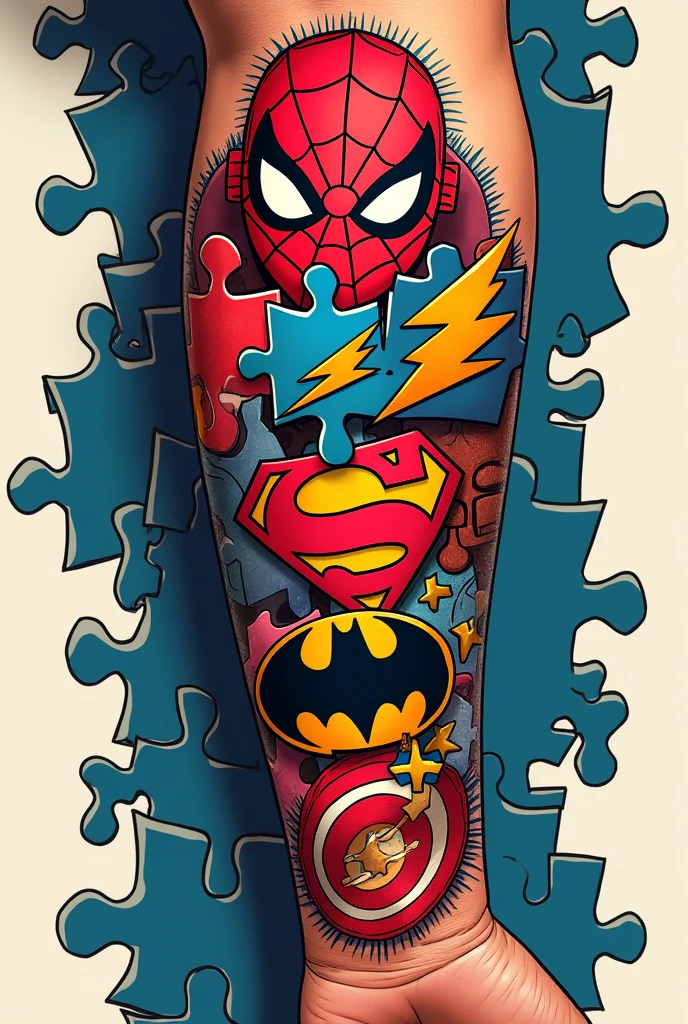 Create a cartoon image, for a forearm tattoo, measuring 10cm wide and 30cm long, with the following characteristics: a puzzle, where each piece is a symbol of a Marvel or DC hero. Place different hero symbols.
