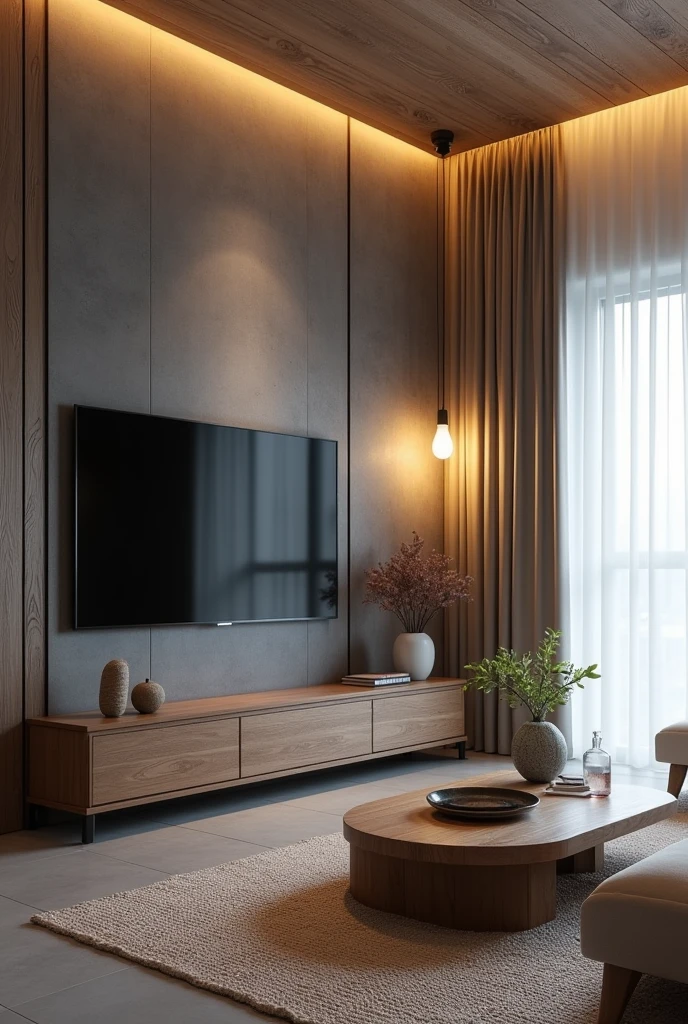A modern and cozy living room with a gray floor and light walls. The wall where the TV is located has a dark burnt cement finish., creating an elegant contrast. The ceiling lining is made of PVC with a woody appearance, adding a touch of warmth to the environment. In the right corner of the room, there is a pendant light with two warm white light bulbs, that gently illuminates the space. The right wall is covered by a white curtain that stretches from end to end., giving a feeling of spaciousness. Below the TV, there is a vintage piece of furniture that houses some carefully selected decorative objects. To finish, a natural fabric rug covers part of the floor, on which is a coffee table made of natural wood, complementing the cozy and elegant look of the room. No LED lighting