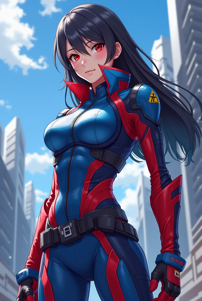 Create for me a heroine with blue and red anime uniform