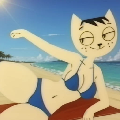 kitty bobo, 1girl, solo, furry, bikini, huge breast, huge thighs, beach