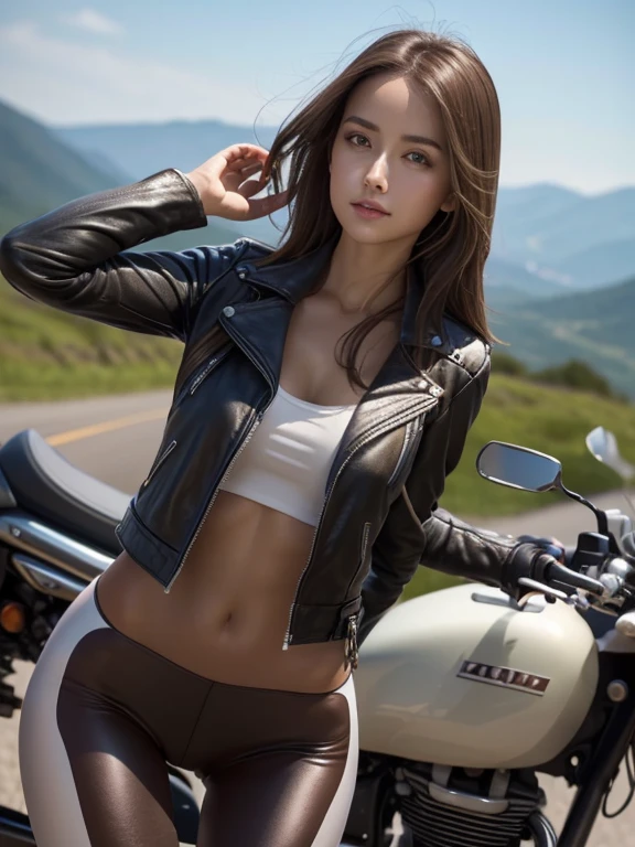 Woman riding a classic bike, Beautiful woman,long dark brown hair, Full scene shooting, Highest quality, Daytime, Steppe road, Blow dry,Looking up at the sky, Beautiful woman, exterior, Dark brown hair, Natural scenery, corruption,leather jacket, Umbilical cord prolapse, leggings, Sexy long legs, (Thigh Gap: 1.5),(Raised hips, Wide Hips), Highly detailed face and skin texture, Delicate eyes, double eyelid,whole body, 20 year old female model, Octane Rendering,Large diameter,Low ISO,White balance, Ride a classic motorcycle, Natural scenery